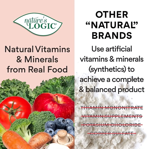This split-screen comparison ad uses a high-contrast visual layout to position pet food ingredients against synthetic substitutes, establishing brand authority through ingredient transparency.
